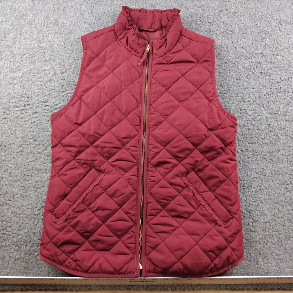 J.Crew Vest Sz XS Mercantile Burgundy Quilted Ruffle Trim EUC